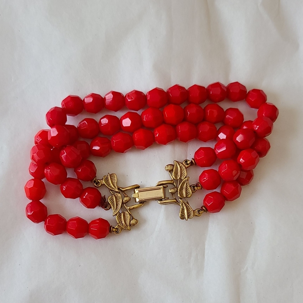 Vintage Faceted Cherry Red Glass Bead Triple Strand Bracelet